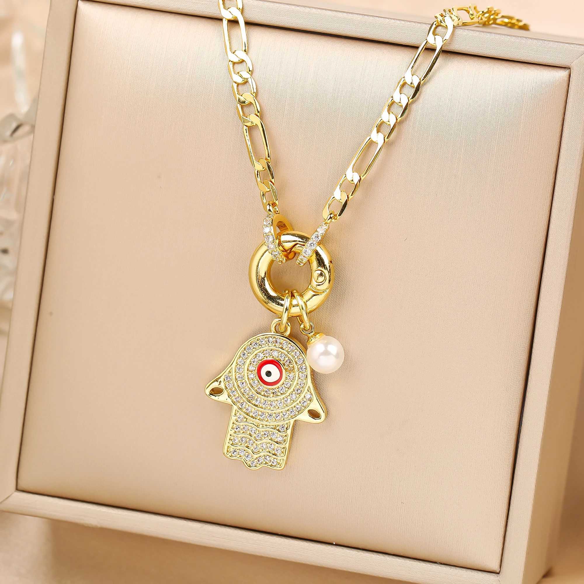 Punk Style Full Zirconia Evil Eye Palm Pearl Pendant Necklace Luxury For Men Women Daily Wear Clavicle Chain Jewelry Party Gift Y250605