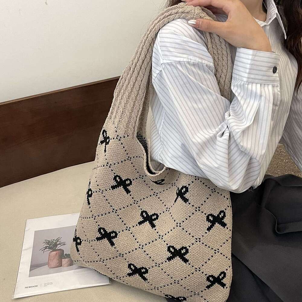 New INS Style Knitted With Bowknot Large Capacity Tote Bag For Women B5