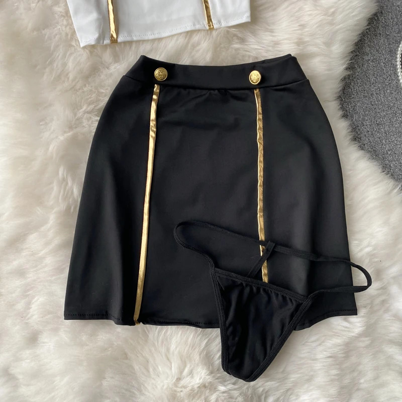 Sexy Suits Lace Patchwork Turn-down Collar Tops Mini Skirt Underpants 3 Pieces Erotic Pajamas Sets Cosplay Captain Women Clothes 250603