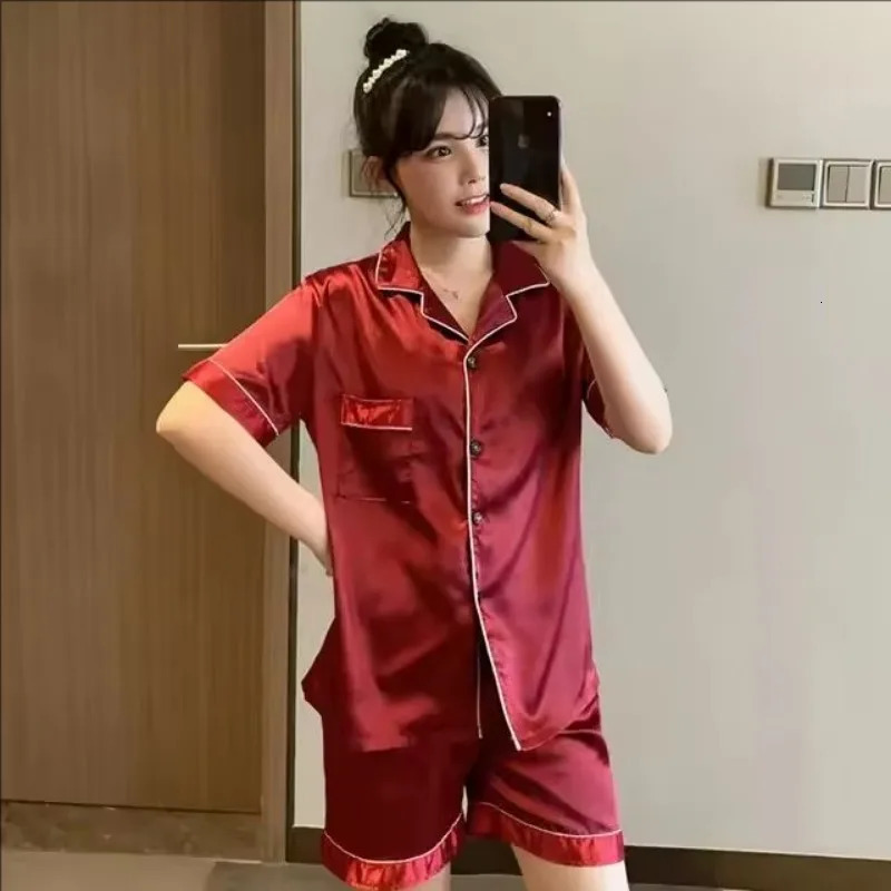 Solid Color Sleepwear Silk Satin Pajamas Couple Set Short-sleeved Pajamas Suit Sleepwear Women Men Loungewear Plus Size Pj Set 250530