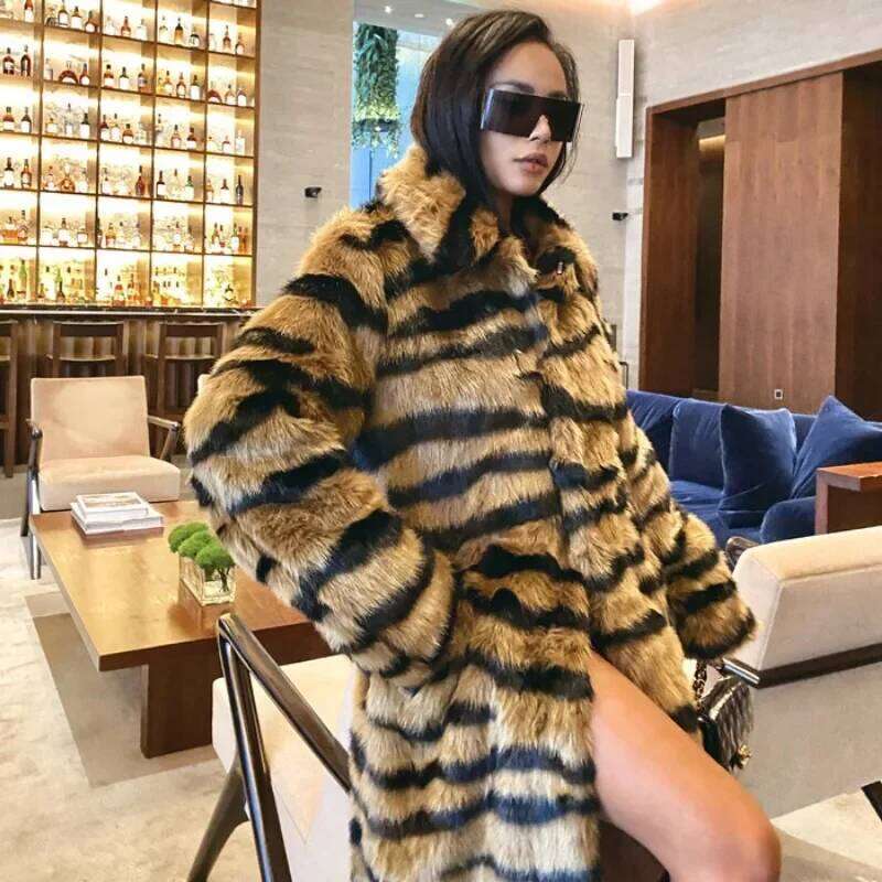 Winter Womens Long Tiger Fur Elegant Thicken Warm Coat Parka Down Jacket Overcoat Y2K Chic Clothes