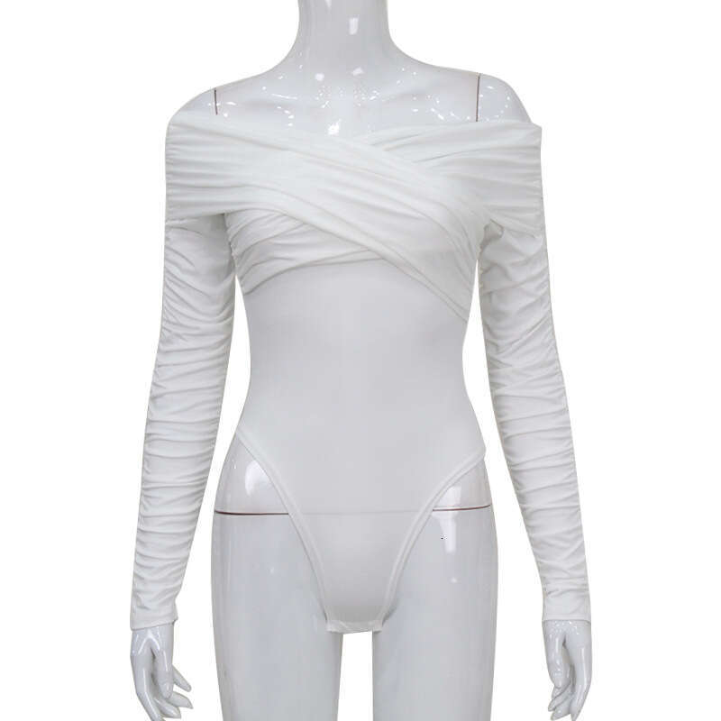 New Women's Solid Color Off-Shoulder Long Sleeve Ruched Sexy Elegant Temperament Evening Bodycon Jumpsuit B5