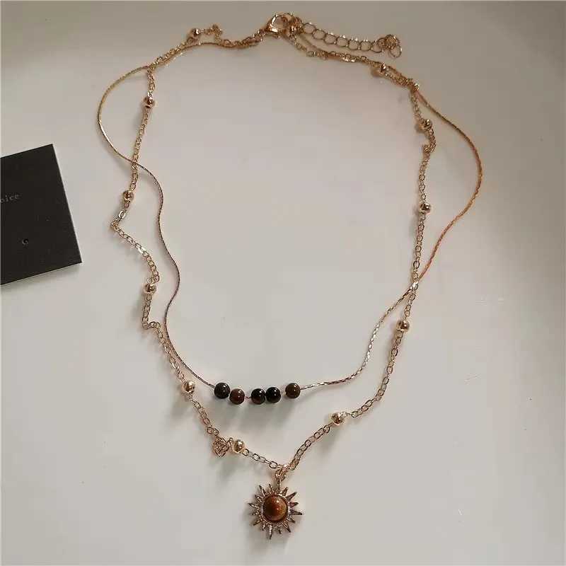 Vintage Leather Brown Stone Sun Pendant Beaded Choker Clavicle Chain Necklace For Women Unique Y2K Personalized Grunge Jewelry Y250605