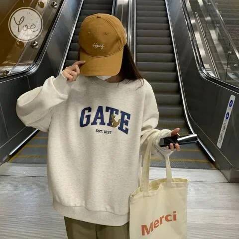Retro American Round Neck Sweatshirt Women Spring Autumn Loose Oversize Lazy Style Hoodless Pullover Cotton Summer Thin