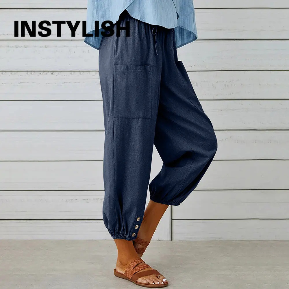 Women Cotton Linen Pants Autumn Solid Color Elastic Waist Loose Straight Trousers Female Harajuku High Waist Wide Leg Pants 250605