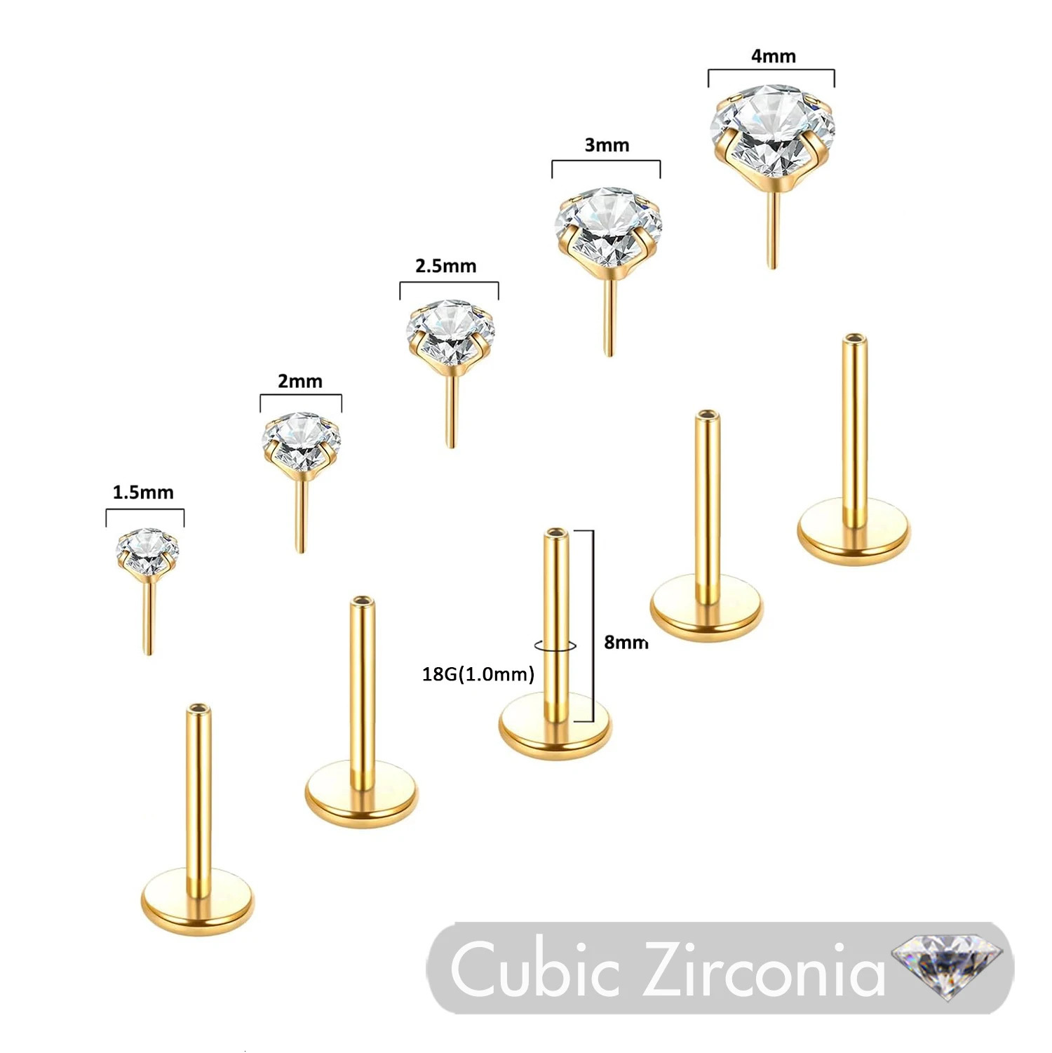 5Pcs Stainless Steel Nostril Studs with 1.5/2/2.5/3/4MM CZ Crystals for Nose Ear Helix Tragus Lip Piercings 18G/20G 1.0mm/0.8mm 250605