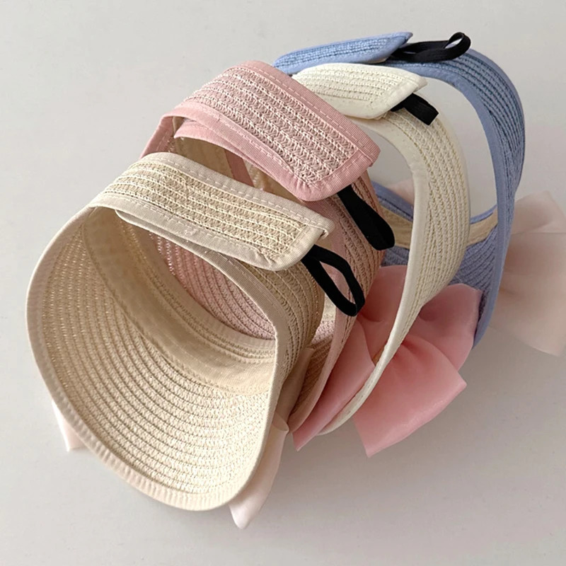 Korea Style Baby Straw Caps Kids Sun Hats Empty Top Big Bow Hat Child Straw Sunshade Sunscreen Hats Baby Accessories born 250603