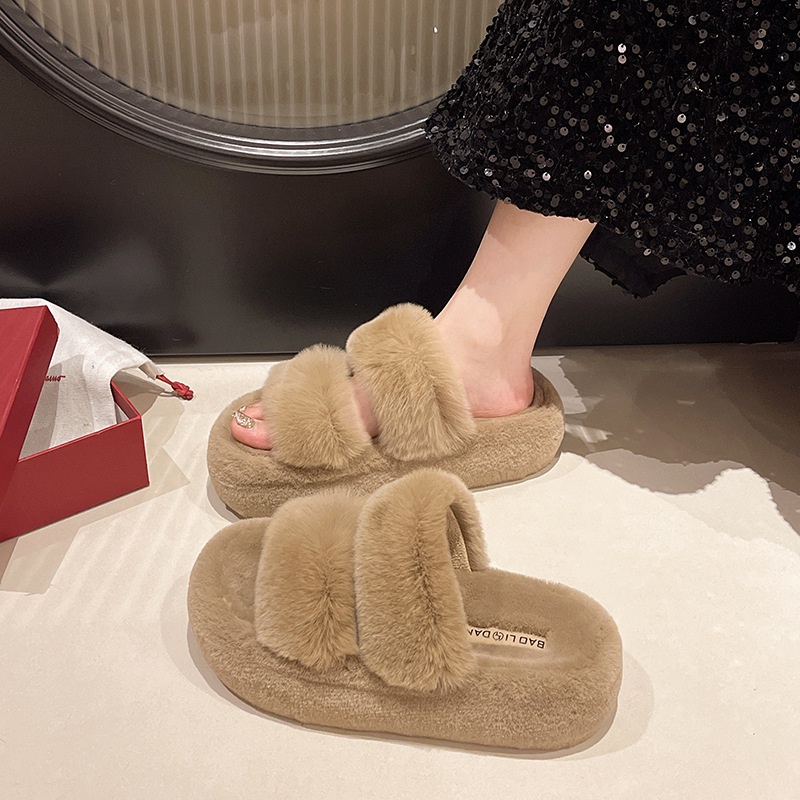 2025 free shipping autumn and winter new designer shoes, women's thick soled slippers for wearing outside, hairy slippers with flat bottom and ve