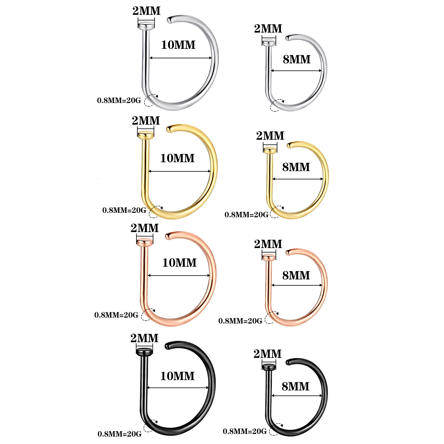 20G Nose Ring Screw Hoop Hypoallergenic Stainless Steel D Shape Nose Clip Piercing Jewelry for Women Men 250605