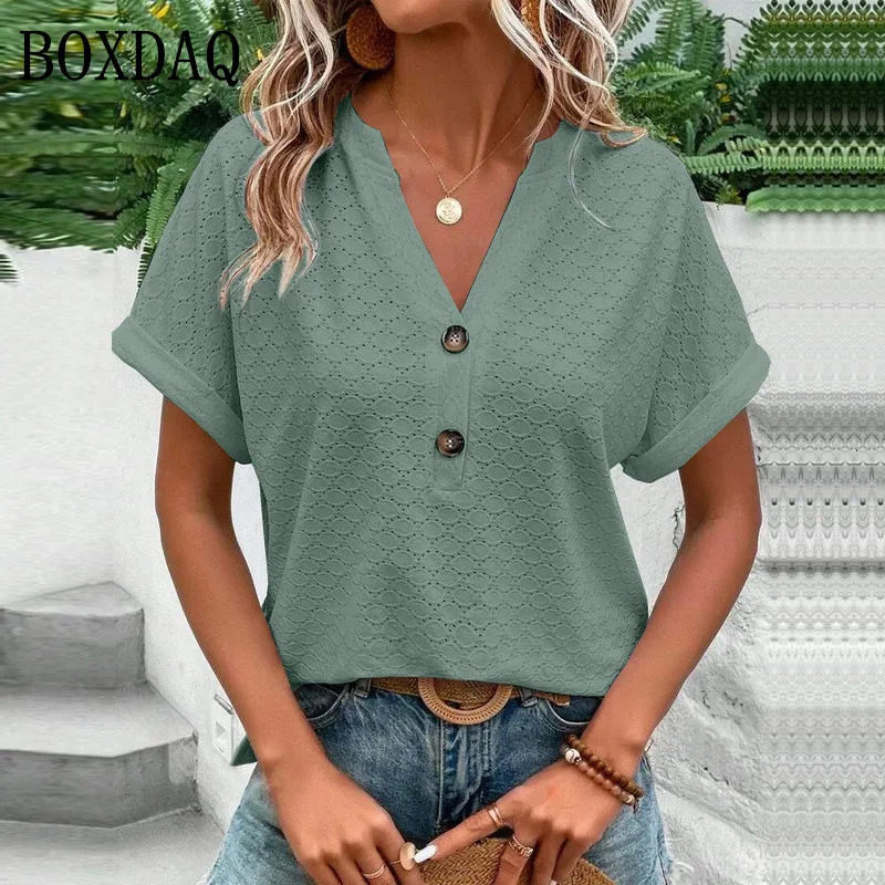 Fashion Women Blouses Casual Jacquard Button V-Neck Solid Loose Shirts Summer Short Sleeve Oversized Tops Female 250605