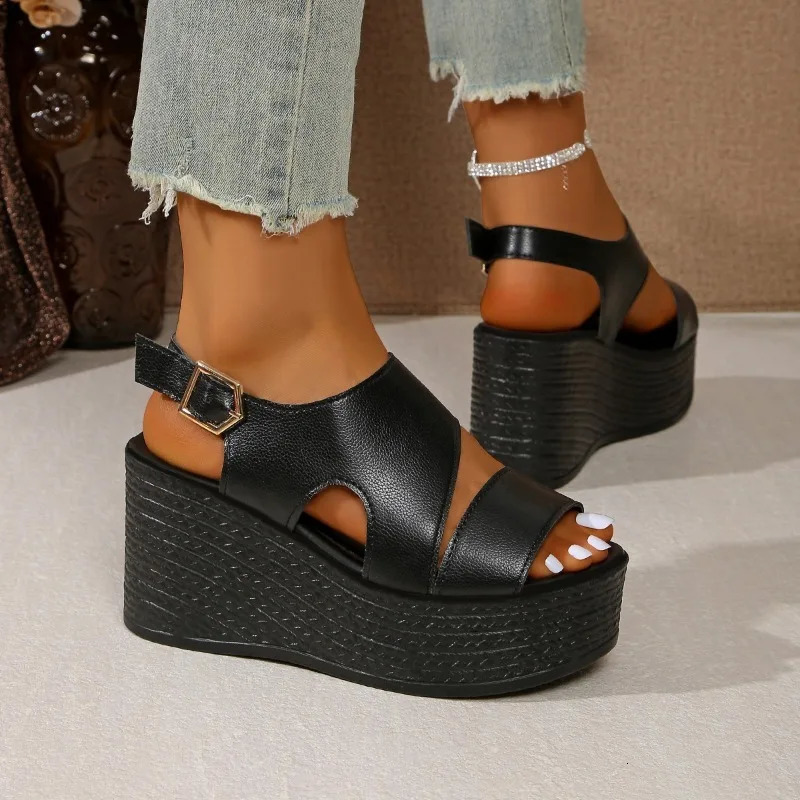 Open-toe slope sandals leather strap Roman shoes 2025 summer fashion lightweight thick sole non-slip high heels womens shoes 250605
