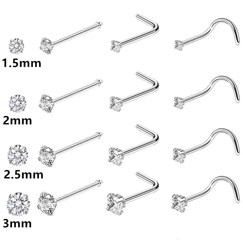 4/12PCS Stainless Steel Zircon Nose Piercing Stud Set L Shape Nose Ring Lot Twist Nose Ring Stud Bulk Body Piercing Nariz Pack 250605