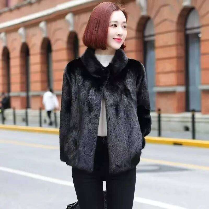 Women's New Imitation Mink Coat Slim Stand Collar Short Black Fur Jacket Autumn Winter Loose Ladies Soft Faux Plush Overcoat