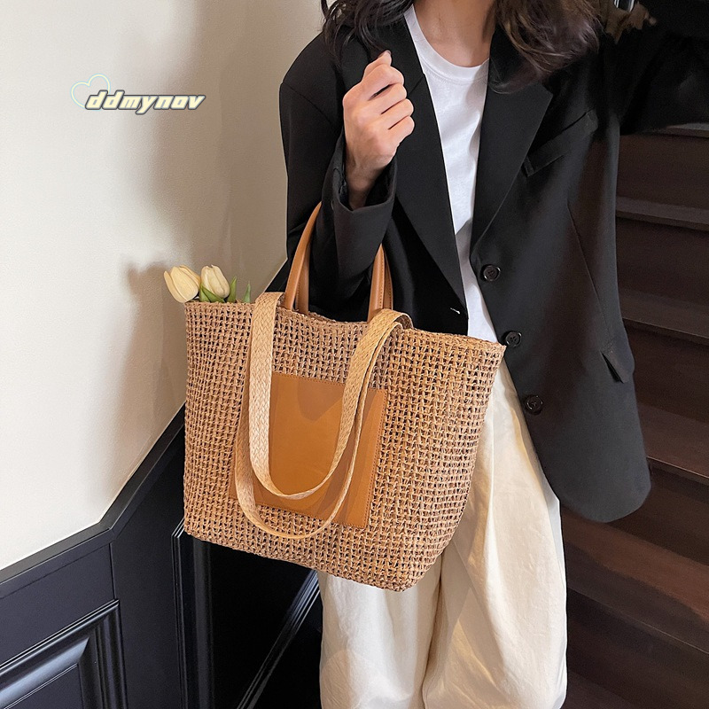 Foreign Trade Large Capacity Woven Straw for Women 2025 New Niche Fashion Single Shoulder Handbag Beach Tote Bag ddmynov