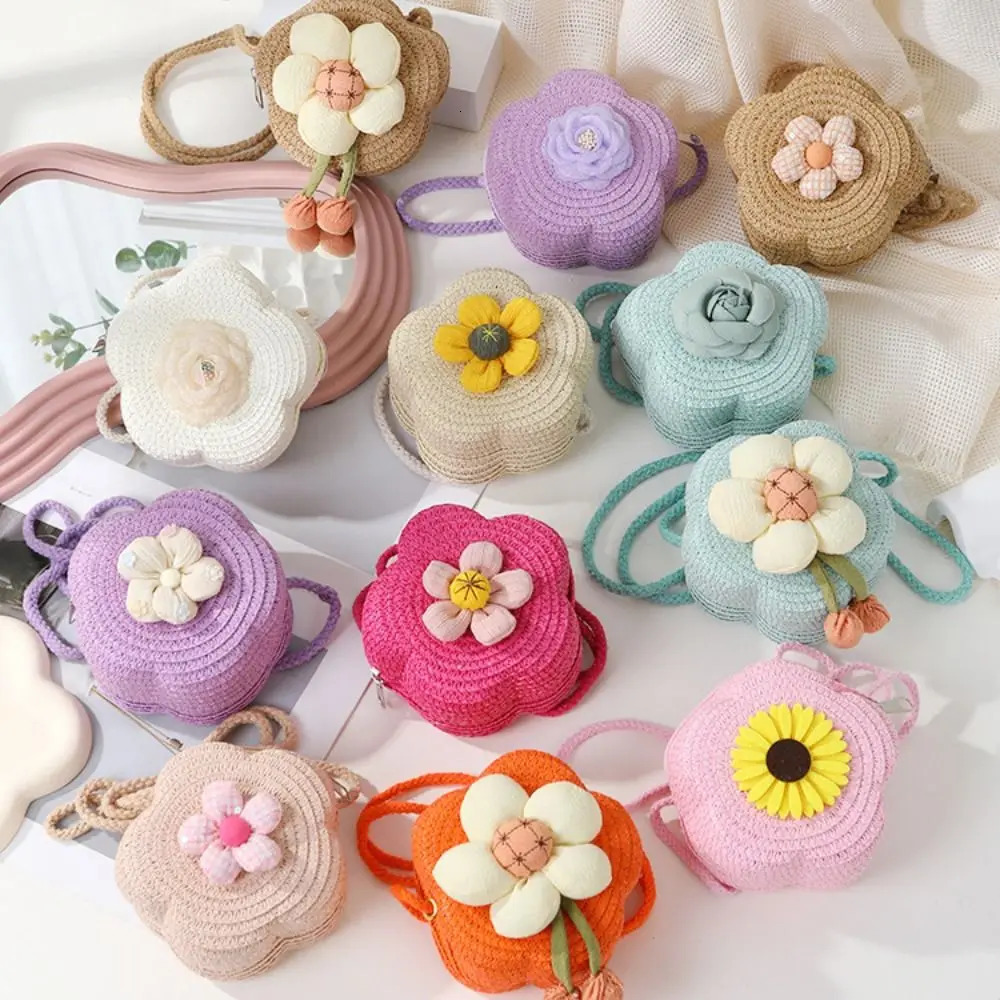 Childrens Straw Small Shoulder Bag Woven Cute Flower Baby Girls Purse Handbag Mini Round Hand Made Beach Crossbody Bag 250605