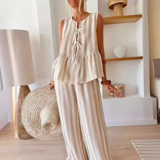Temu Tie 2-Piece Set Striped Front Open Vest Top Wide-Leg Casual Pants Summer B5