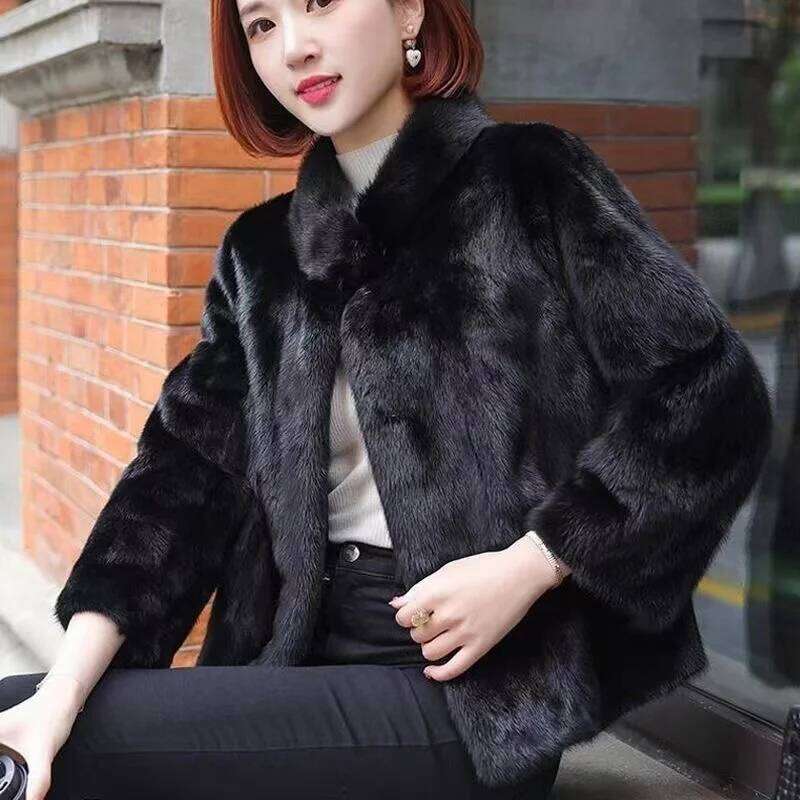 Women's New Imitation Mink Coat Slim Stand Collar Short Black Fur Jacket Autumn Winter Loose Ladies Soft Faux Plush Overcoat