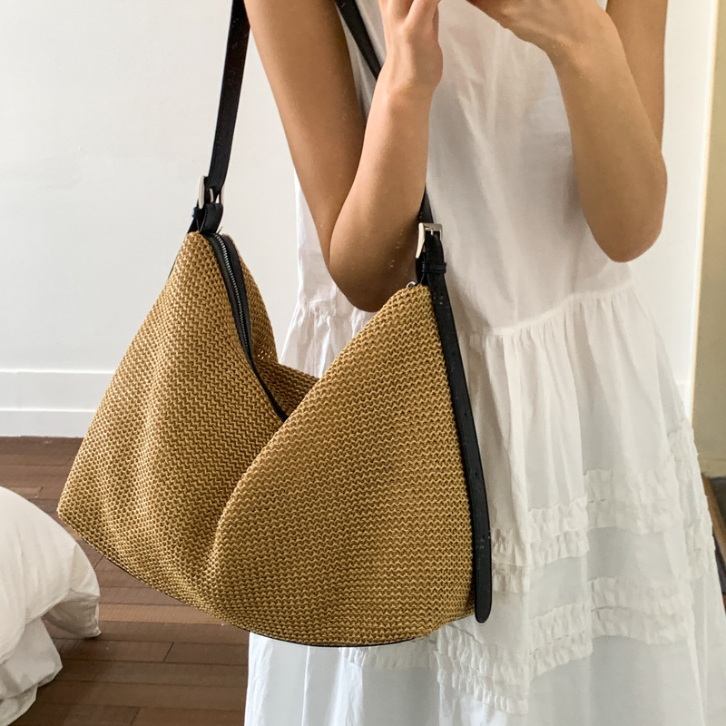 designer Vintage Woven Tote Bag Straw Bag Korean Style Ins Large Capacity Versatile Shoulder Bag Vacation Beach Bag for Women