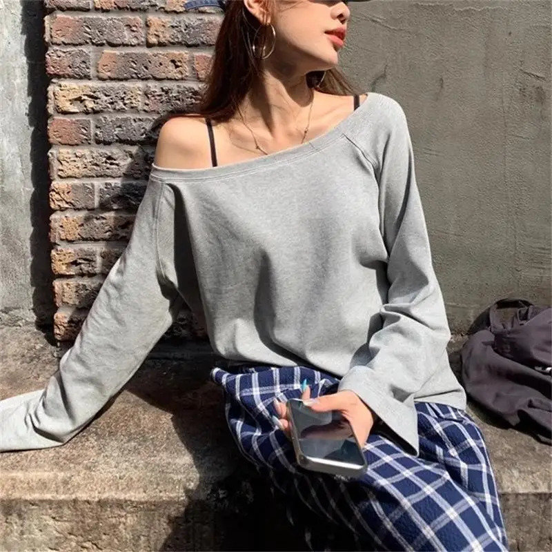 Women Basic style Skew Collar Baggy Off Shoulder Long Sleeve T-shirts White Female Soft Casual Tee shirts Womens Black Top 250605