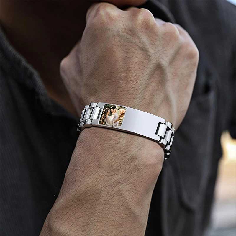 Custom Picture Text Bracelet Watch Band Stainless Steel Link Bracelet Custom Engraving Photo/Text/Name Bracelet Jewelry for Men W250606