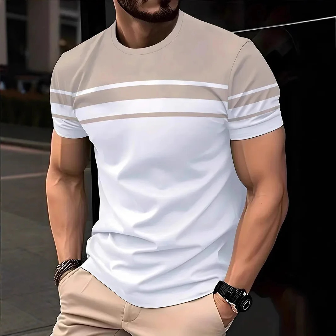 2025 Summer Mens Fashion 3D T Shirt Splicing Printed Colorblocking Casual Slim Short Sleeve Outdoor Sports Running Fitness Top 250605