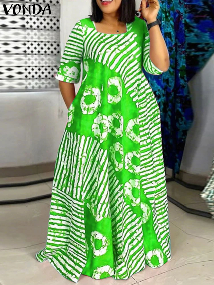 Plus Size Women Bohemian Maxi Dress 2025 Summer Printed Long Sundress VONDA Beach Party Vestidos Half Sleeve Casual Loose Robe 250526