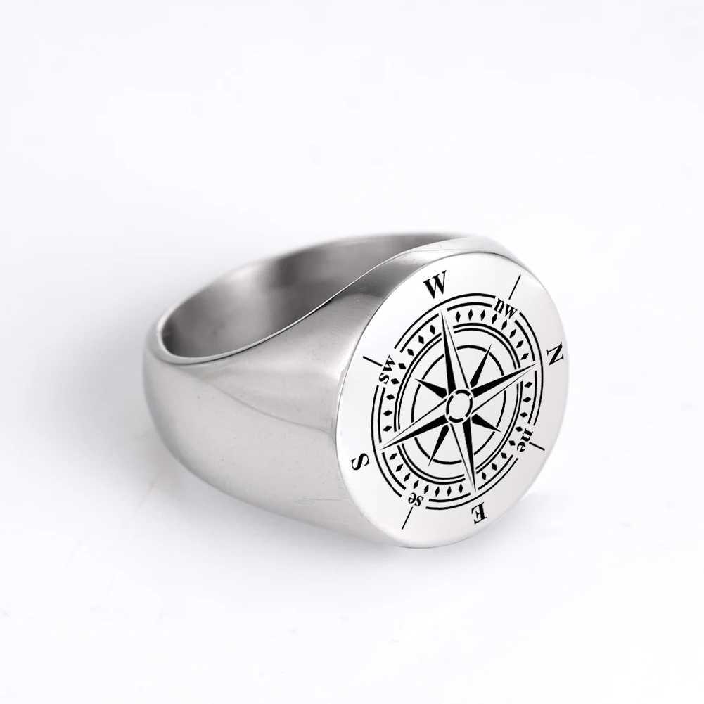 COOLTIME Retro Compass Signet Mens Ring Stainless Steel Punk Rings Vintage Jewelry Amulet Wicca Rock Hip Hop Gift W250606