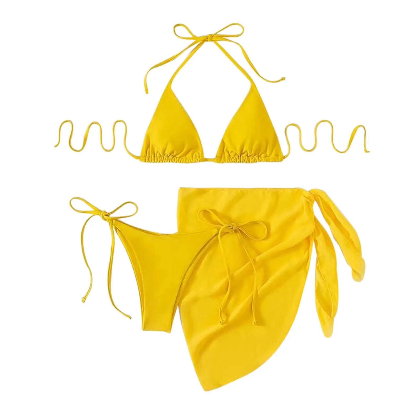 Sexy Three Pieces Bikini Set Women Summer With Sarong Skirt Solid Color Triangle Cup Tie Up Female Swimwear Swimming Suit 250530