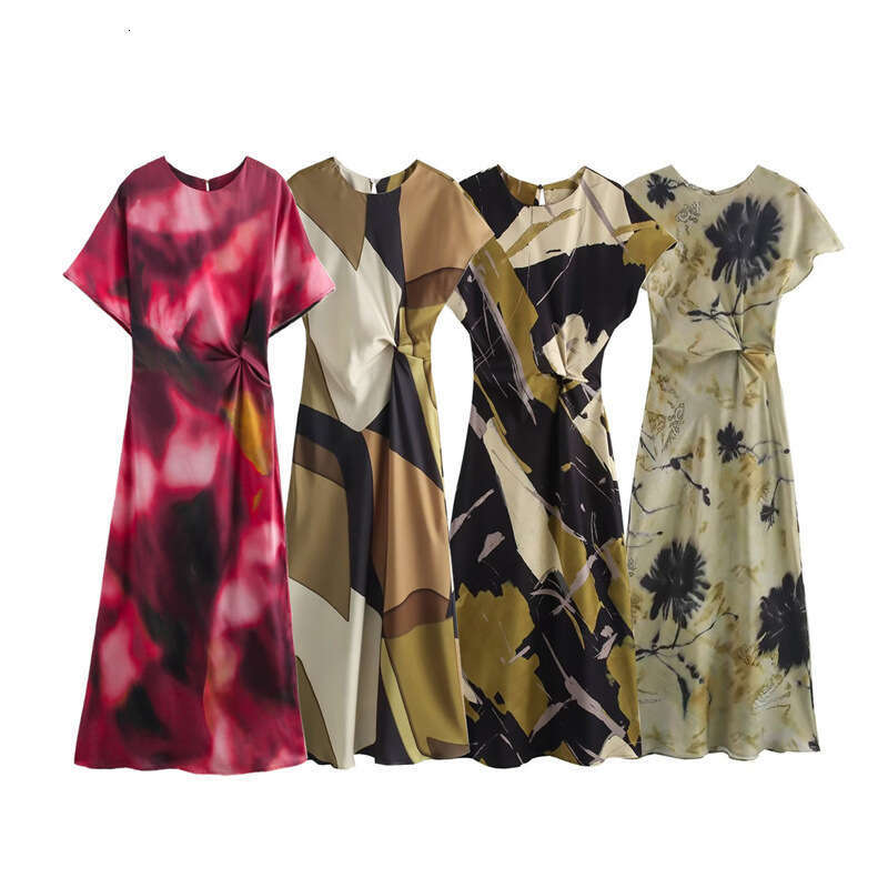 Women's Spring New Elegant Style Silk Satin Texture Waist-Cinching Printed Midi Dress B5