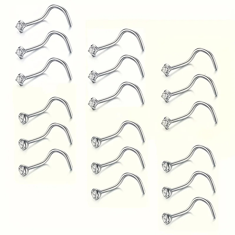 9/18pcs Stainless Steel Nose Studs Corkscrew Nose Ring with 2mm CZ Steel Nostril Nose Piercing Jewelry for Women Men 250605