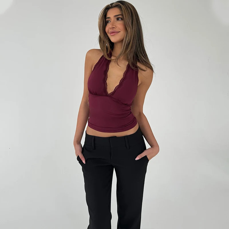 WhereMery V-Neck Sexy Lace Edge Halter Slim Backless Casual Solid Crop Tops Y2K Summer Fashion Streetwear Daily Sweet Cute Vest 250605
