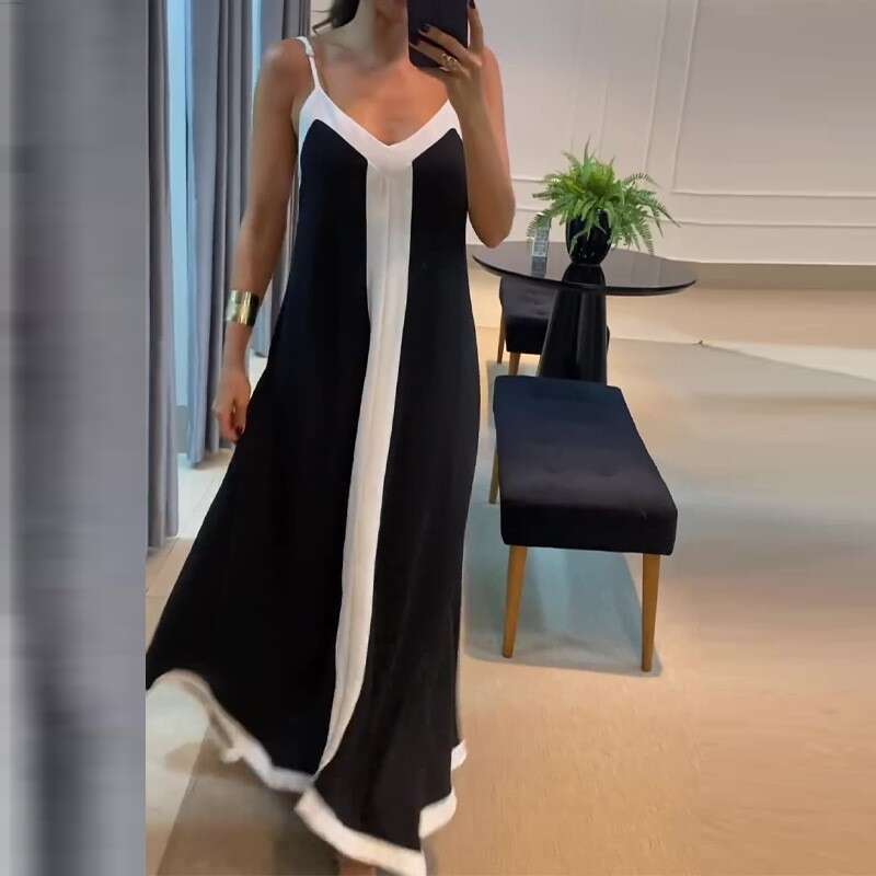 Women's Fashion Elegant Color-Block V-Neck Long Slip Dress B5
