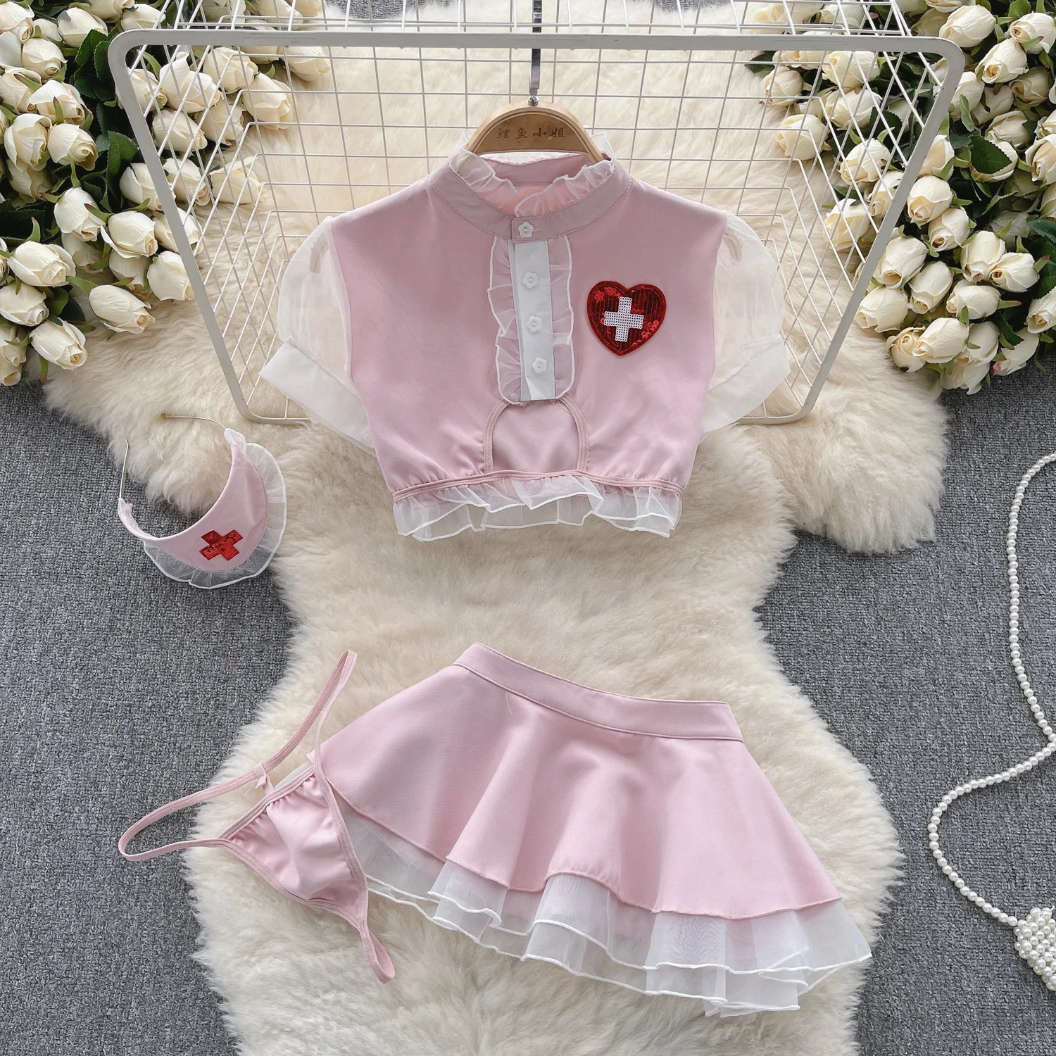 Pink Sexy Cosplay Nurse Uniform Ruffled Bubble Sleeve Crop Top sweet Girl Cute Two Layer Mini Skirt 2-piece Set Women Clothes 250603