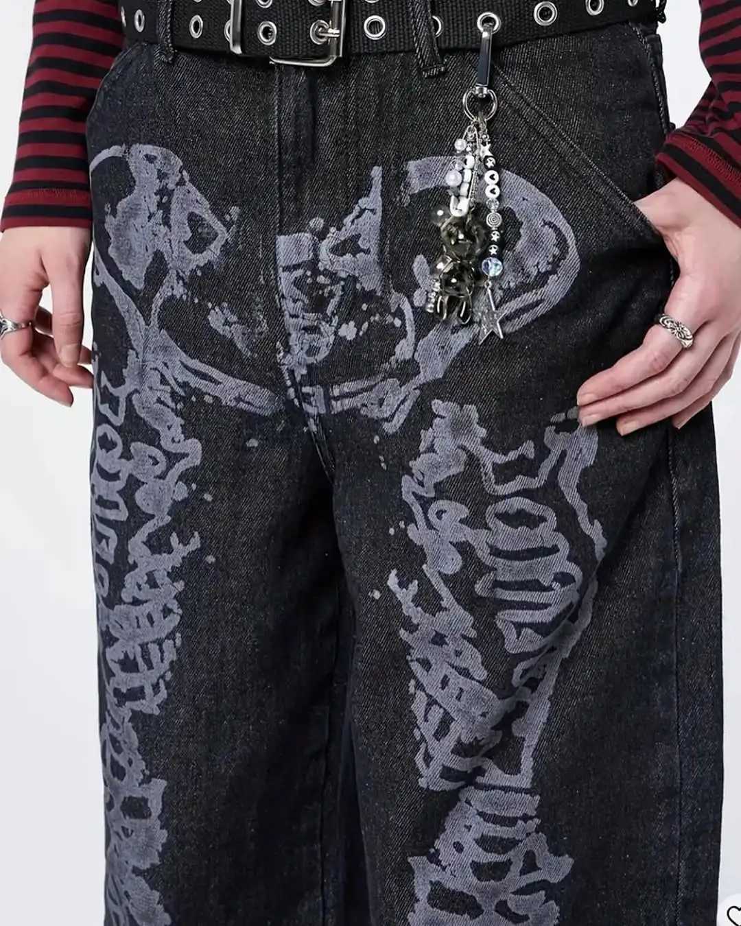 Y2K Fashion Skull Pattern Washed Gray Baggy Jeans Men Women Harajuku Hip Hop Skateboard Pants Street Straight leg Denim Pants Z250605