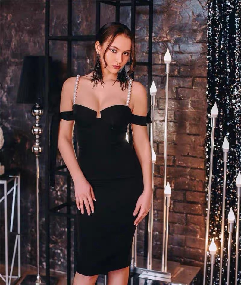 Black Off-shoulder Bandage Dress Rayon Annual Meeting Dinner