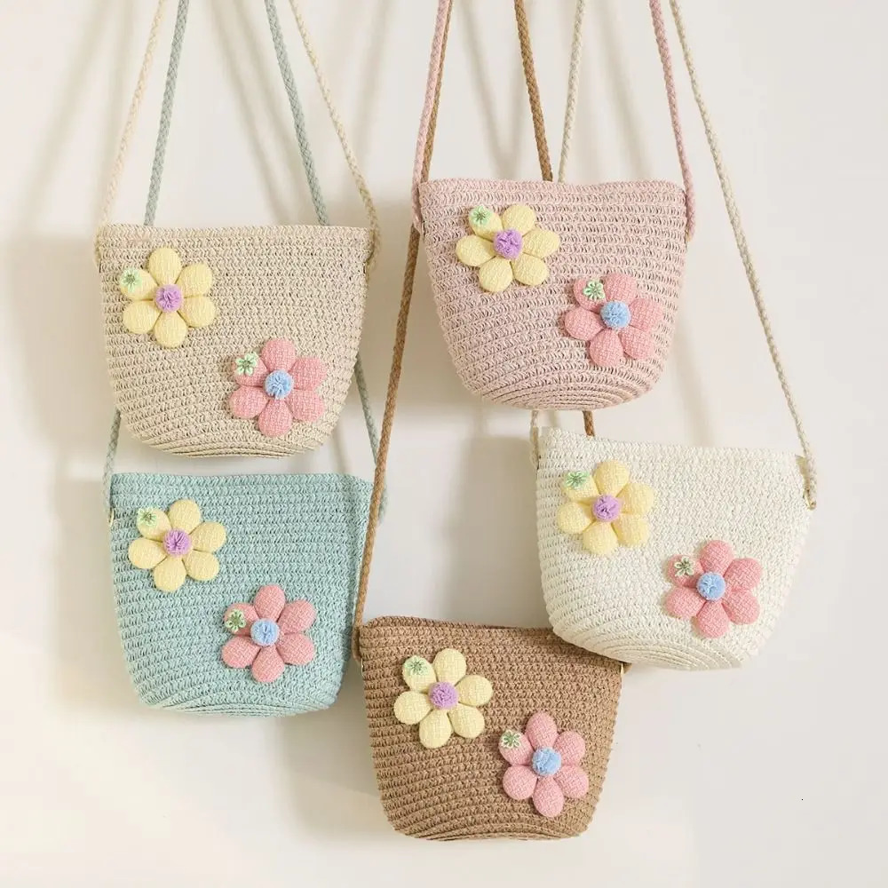 Girl Zipper Flower Straw Bag Cute Po Props Handmade Woven Kid Messenger Bags Storage Basket Coin Purse Crossbody Handbag 250605