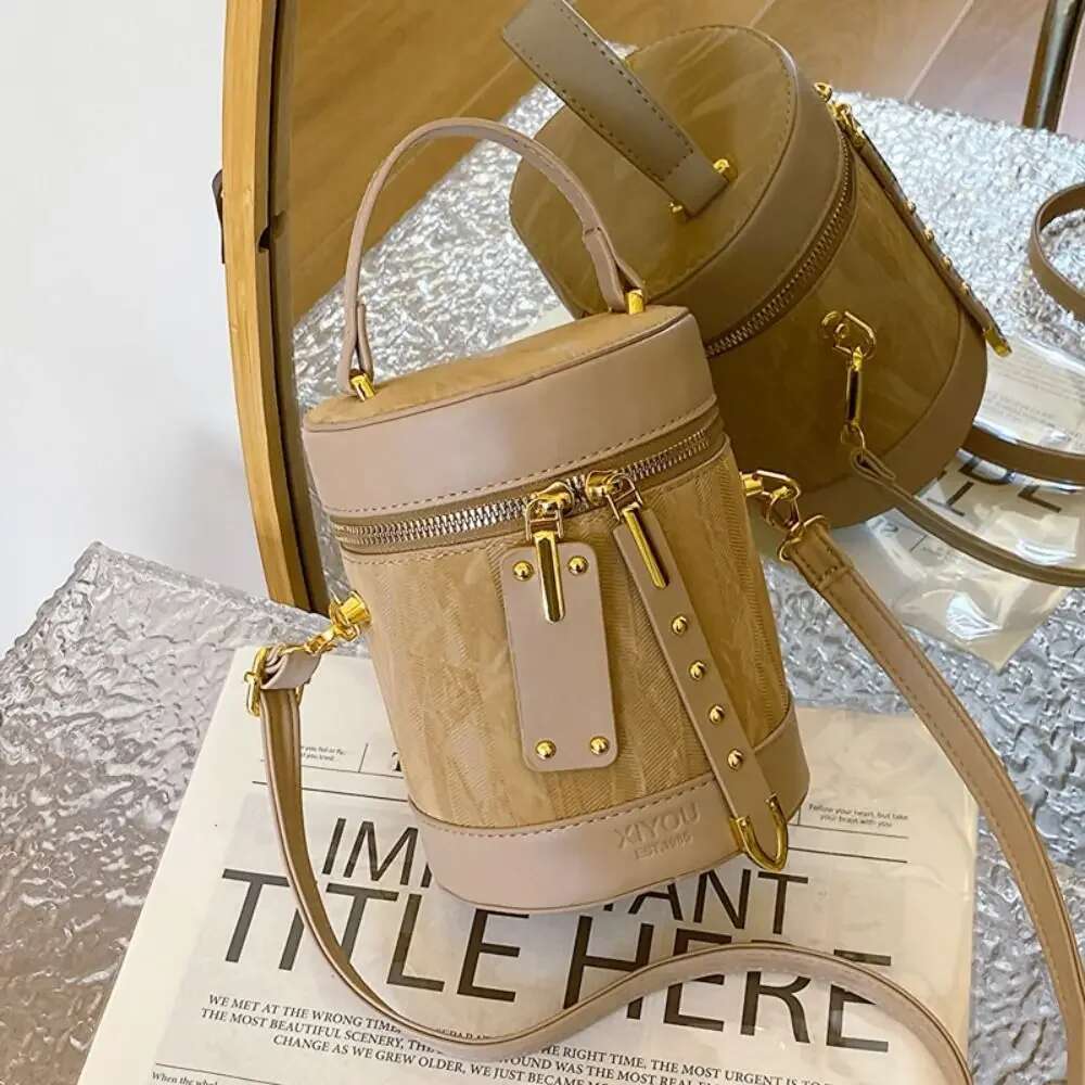 Trendy Pu Leather Women Bucket Vintage Handbag Cylinder Crossbody Solid Color Shoulder Bag Travel