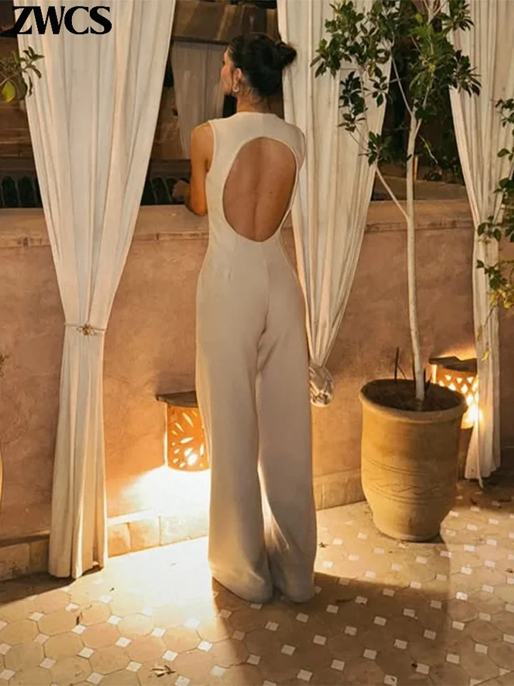 Elegant Hollow Out Blazers Jumpsuits Women Sexy Backless Sleeveless Zippers High Waist Wide Leg Rompers 2025 Summer Overalls 250605