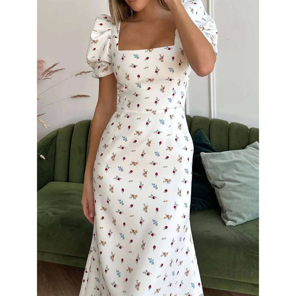 New Fashion Womens Summer Midi Casual Short Puff Sleeve Floral Print A-Line Elegant Flowy Dress Hot Sale S M L