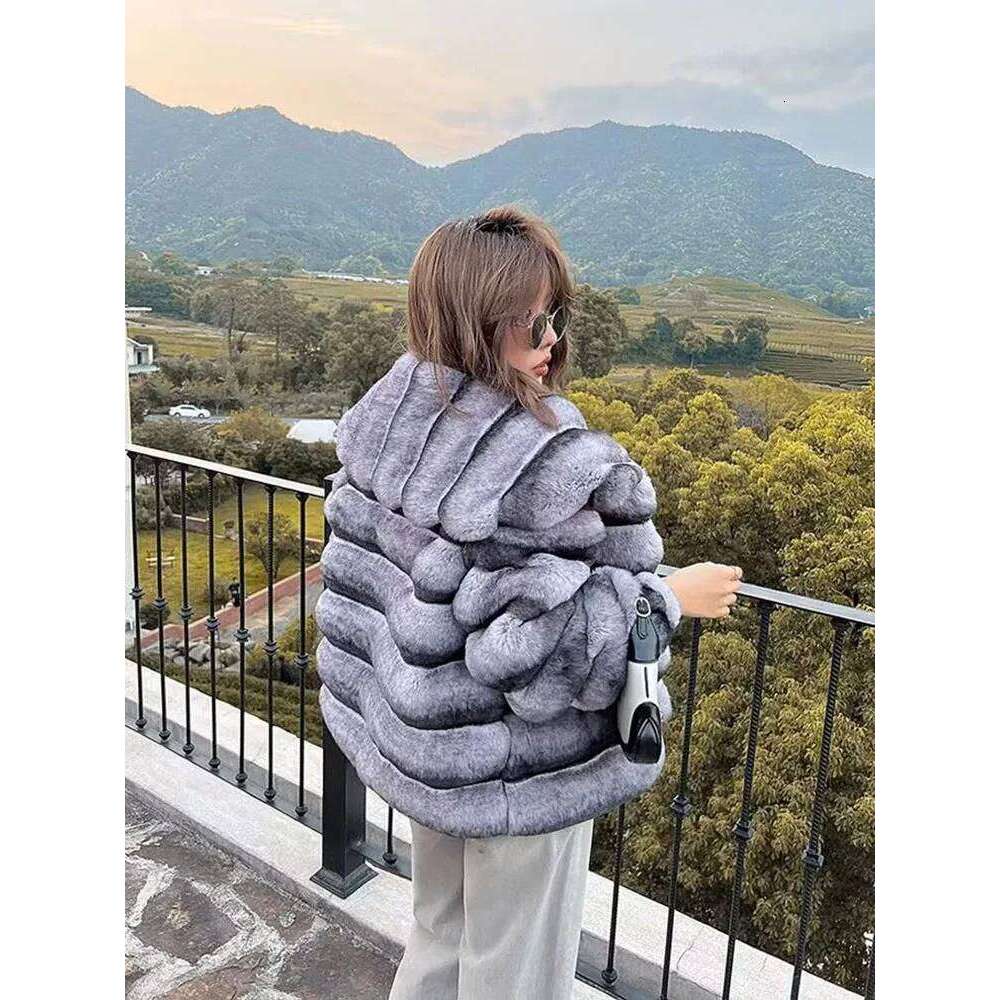 ZADORIN Winter Jackets for Women Chinchilla Color Fluffy Warm Rabbit Coat Turn Down Collar Short Faux Fur Jacket