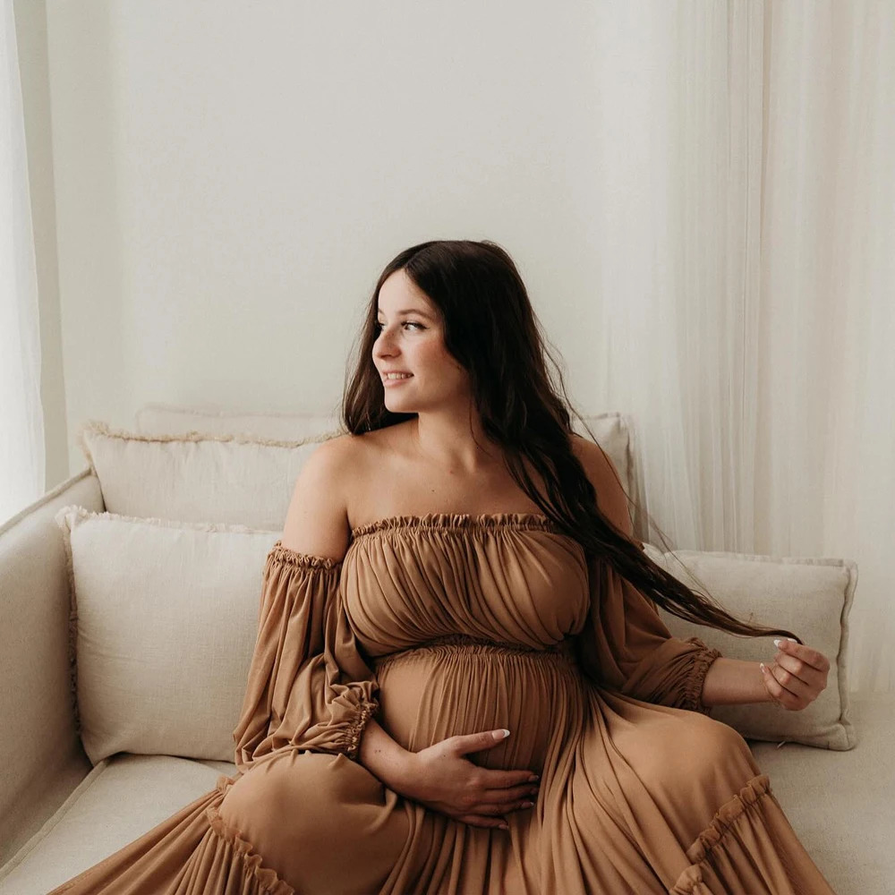 Maternity Dresses for Baby Showers Chiffon One Shoulder Lace Long Sleeve Two Piece Dress Bohemian Po Shooting Pregnancy Dress 250530