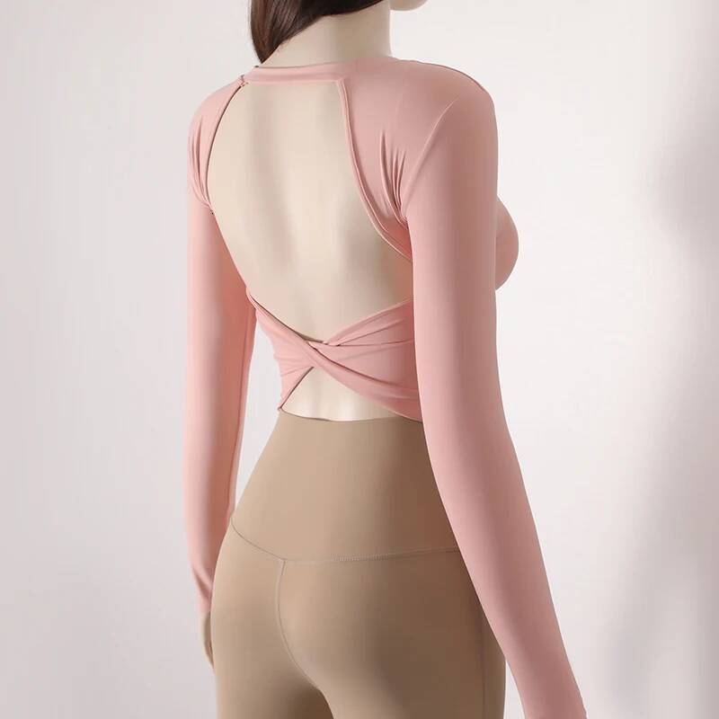 Ddmyoutdoor Sexy Twisted Crossover Hollow Out Back Sports Tshirt Short Gym Fiess Crop Top Long Sleeve Yoga Shirt For Women With Fixed Pads Jogging Sui