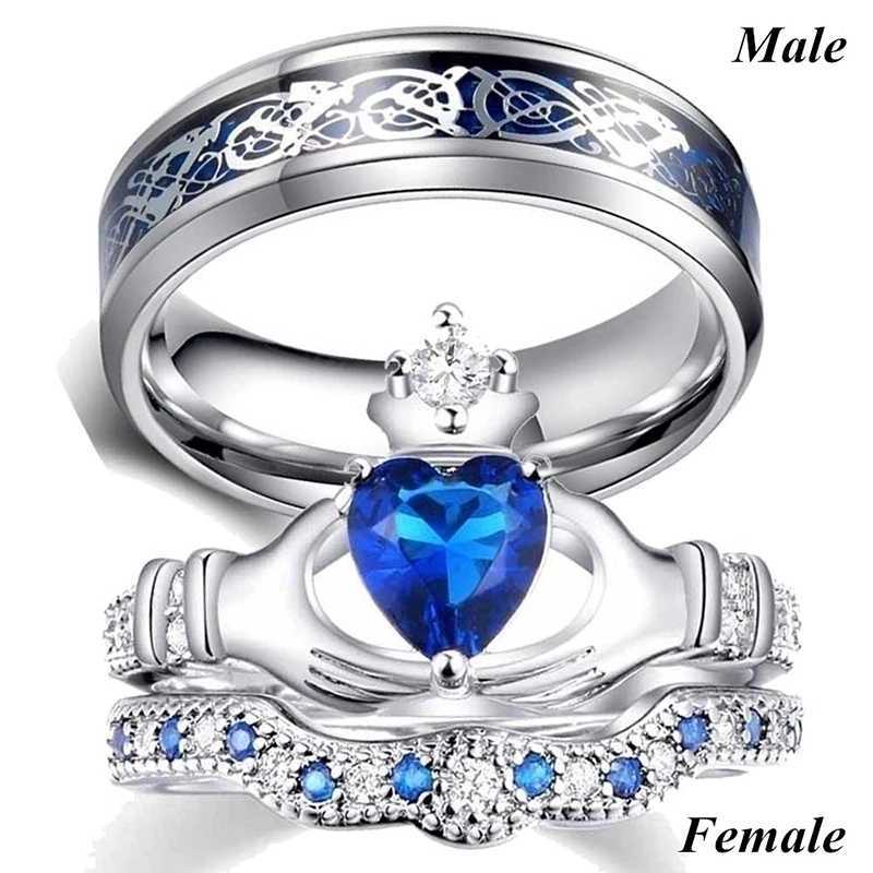 Couple Rings Men Stainless Steel Ring Women Filled Blue Crystal Heart Shaped Rings Wedding Engagement Valentine Day Gift Jewelry W250606