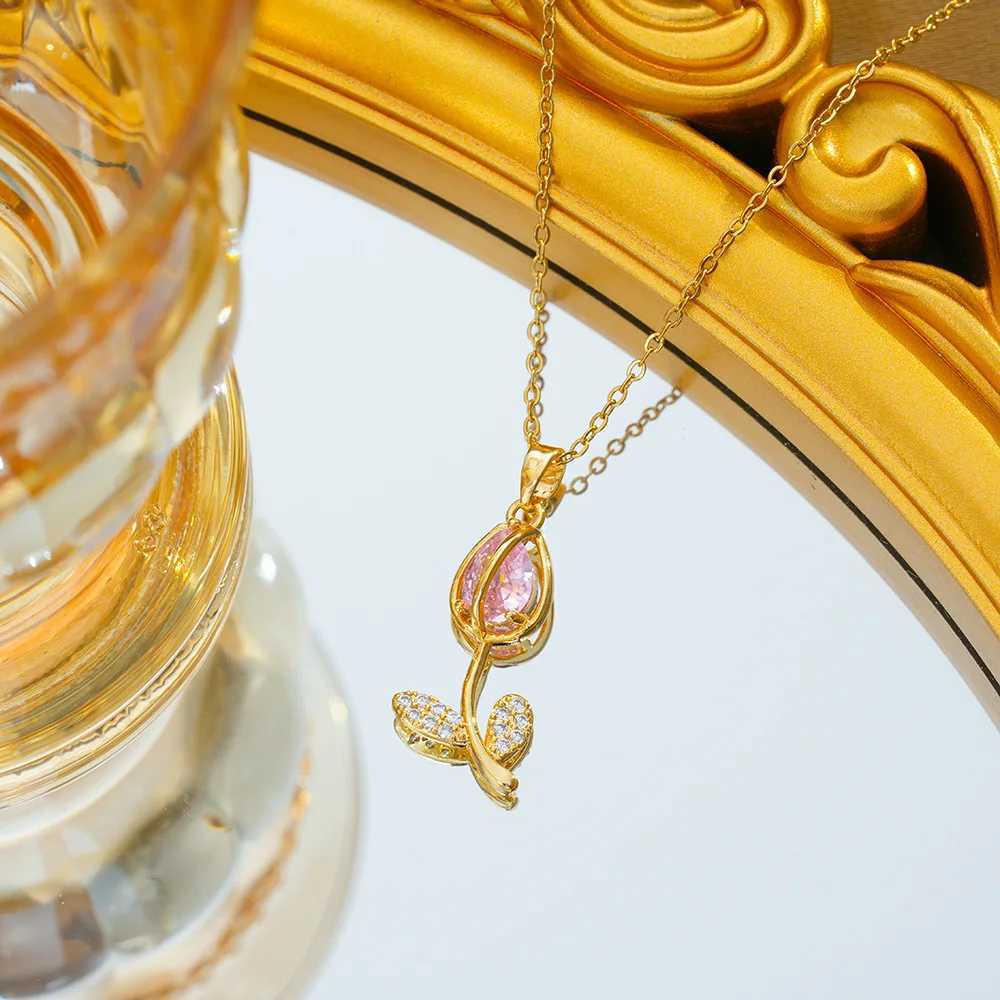Colorful Zircon Tulip Pendant Necklaces for Women Girls Stainless Steel Chain Trendy Romantic Jewelry Accessories Gifts Y250605