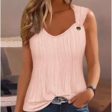 Summer Fashion Sexy Simple Metal Buckle V-Neck Sleeveless Women's Solid Color Sweet Vest B5