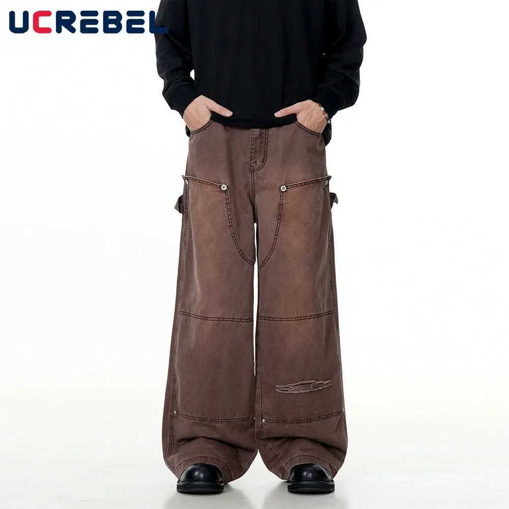 Removable Double Knee Denim Carpenter Pants Mens Retro High Street Straight Wide Leg Washed Distressed Jeans Men Z250605