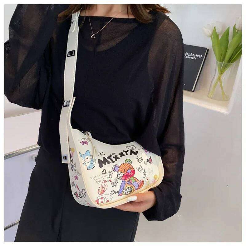 Simple Design Shoulder Woman Cartoon Graffiti PU Leather Crossbody Bag Fashion Trend Cute High Quality Famous Brand Handbag