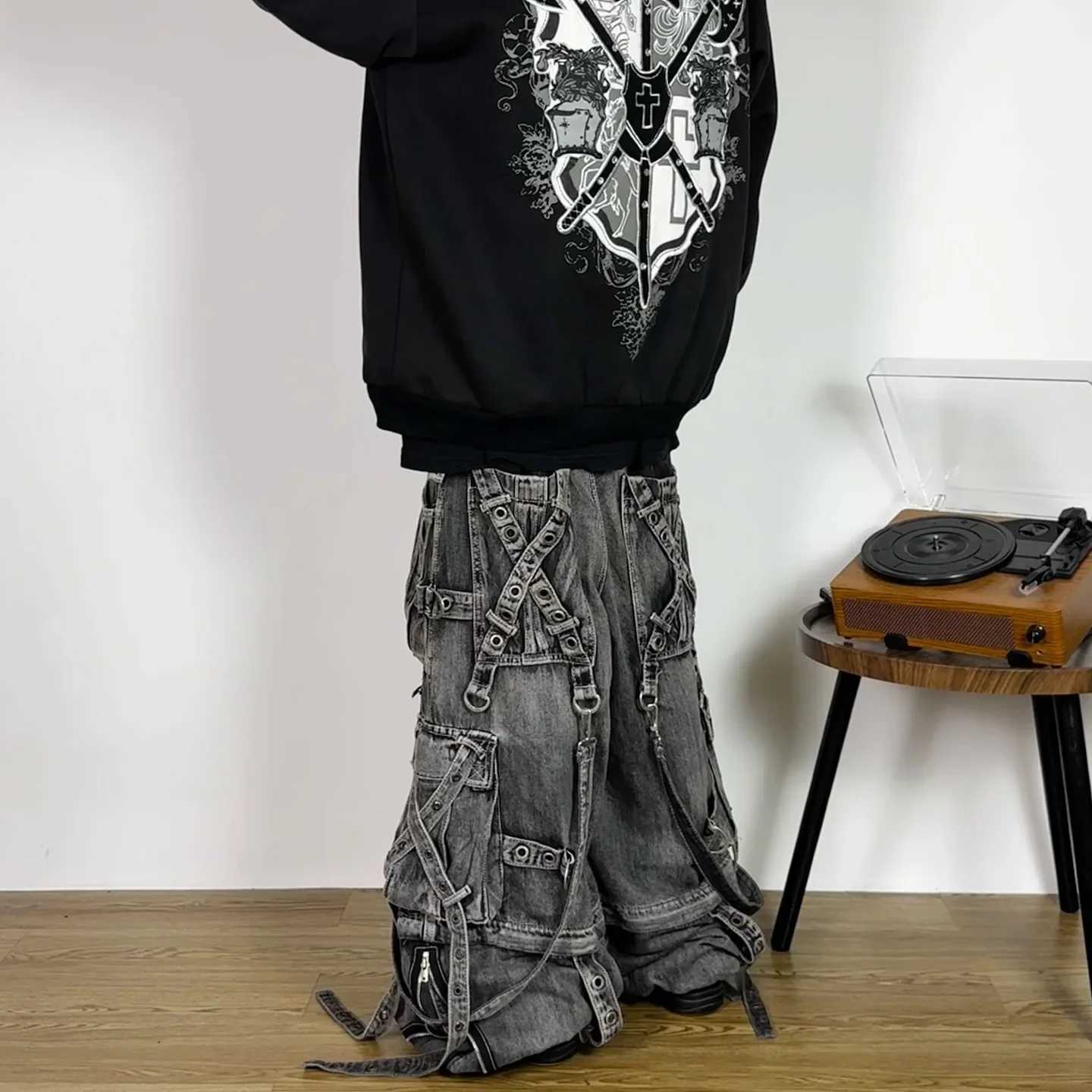 Gothic Ribbon Pocket Washed Super Wide Leg Jeans Men Y2K New American Harajuku Hip Hop Gothic Rock Retro Wide Pants Street Wear Z250605