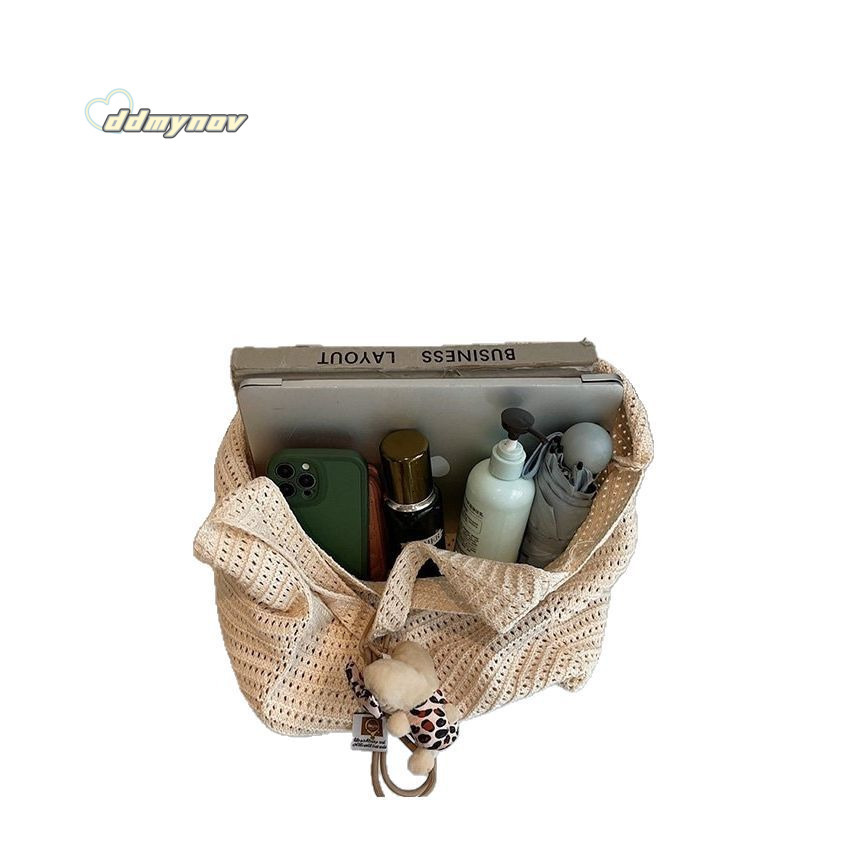 Cotton Thread Woven for Women 2025 New Knitted Hollow Shoulder Tote Lazy Style Beach Vacation Bag ddmynov