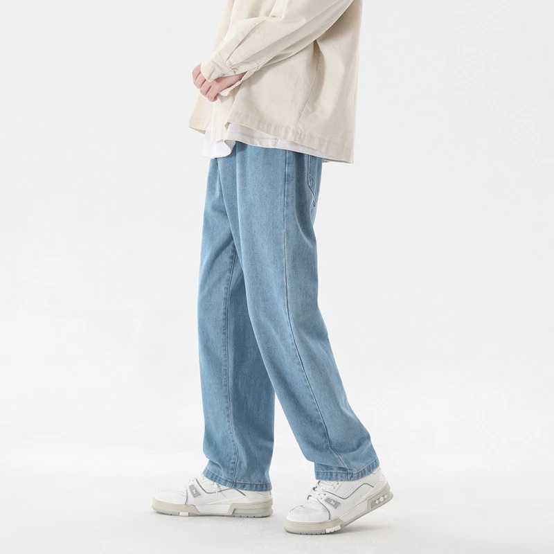 2023 New Korean Fashion Mens Casual Ankle-Length Jeans Classic Man Straight Denim Wide-leg Pants Light Blue Gray Black 3XL Z250605
